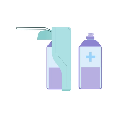 Hand hygiene flat composition with isolated images of disinfecting gel dispenser and bottle vector illustration