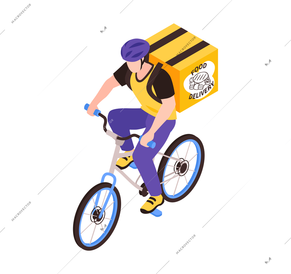 Isometric delivery food composition with male character of courier riding bicycle vector illustration