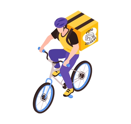 Isometric delivery food composition with male character of courier riding bicycle vector illustration