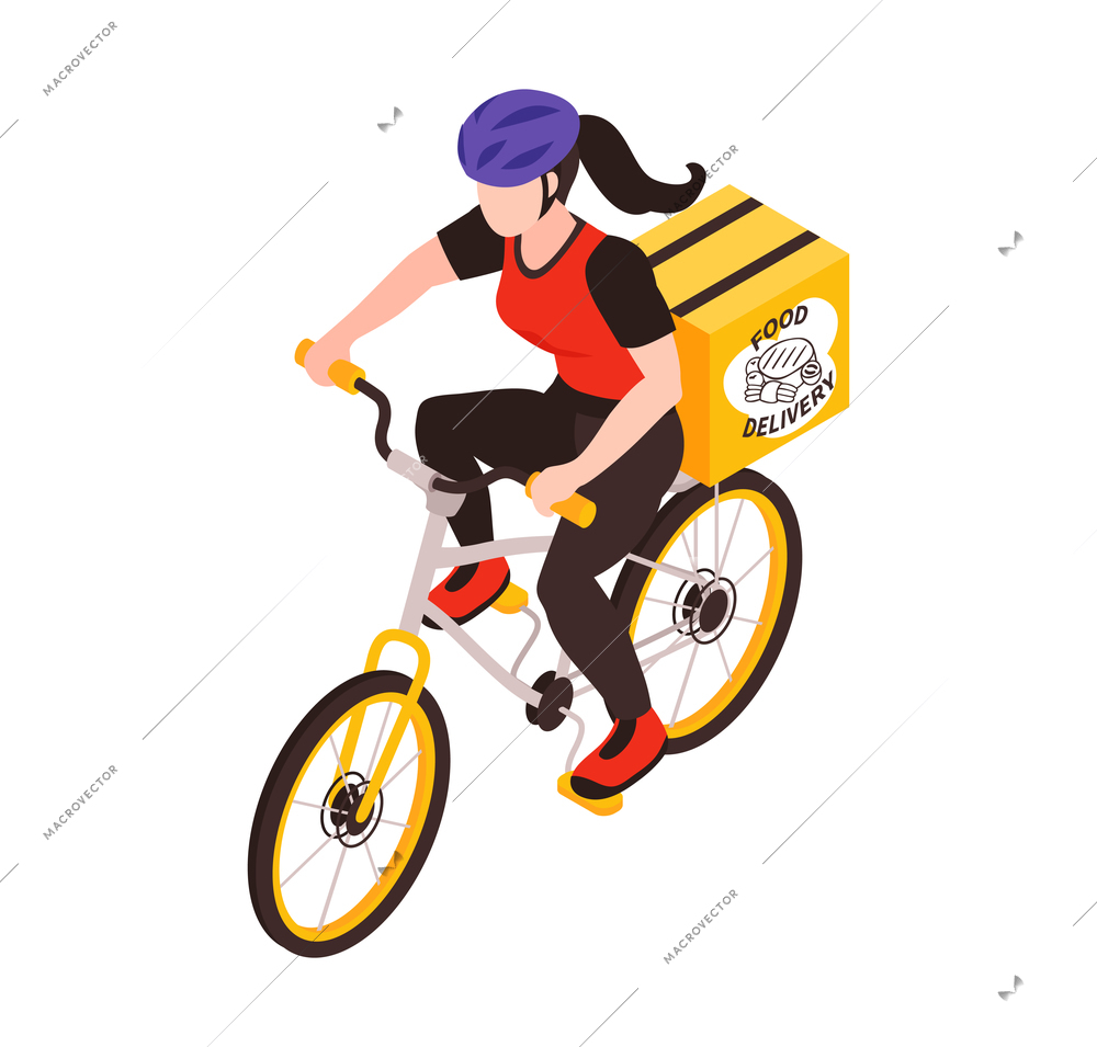 Isometric delivery food composition with female character of courier riding bicycle vector illustration