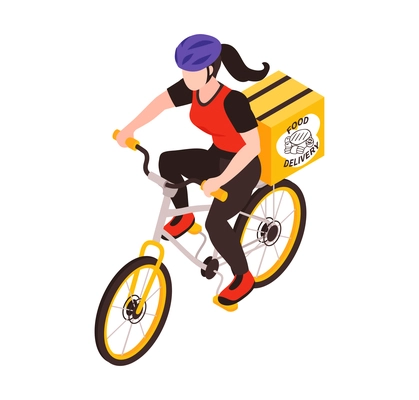 Isometric delivery food composition with female character of courier riding bicycle vector illustration