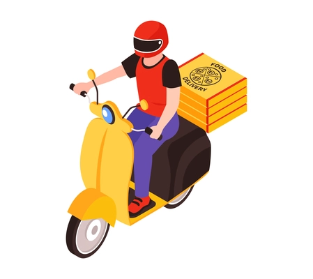 Isometric delivery food composition with male character of courier riding scooter vector illustration