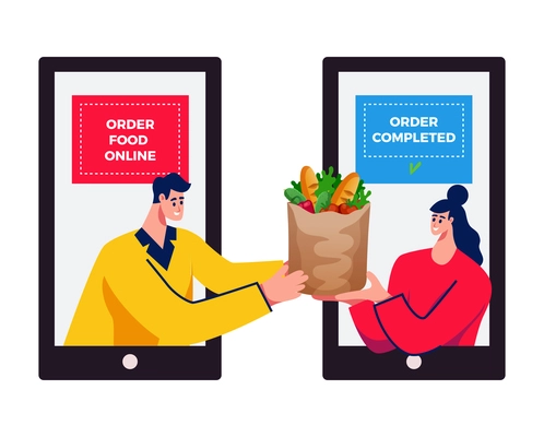 Food delivery composition with images of two smartphones with client receiving order from courier vector illustration