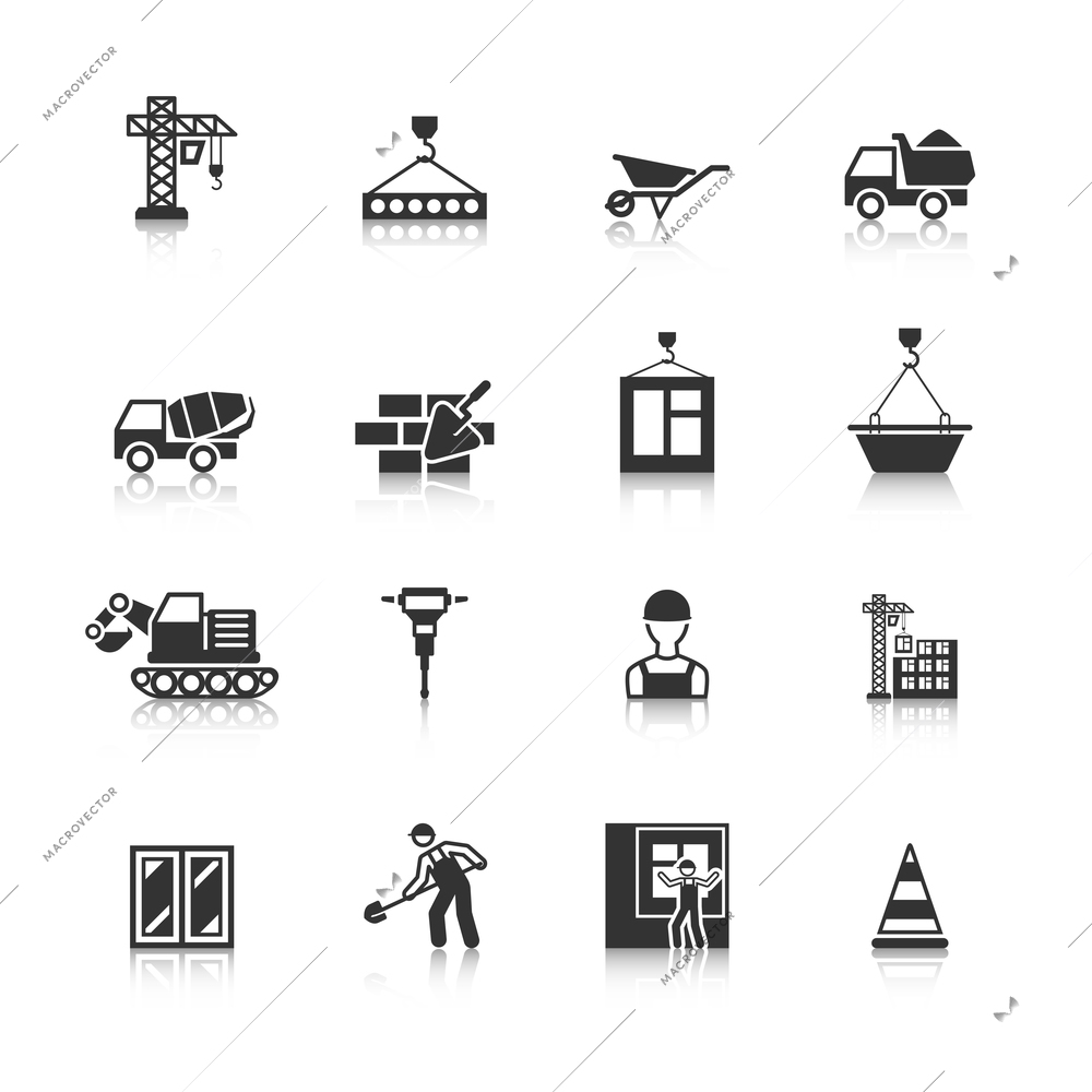 Building construction mason worker character installing window pane in brick wall icons black  isolated abstract vector illustration