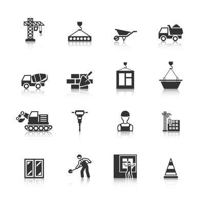 Building construction mason worker character installing window pane in brick wall icons black  isolated abstract vector illustration