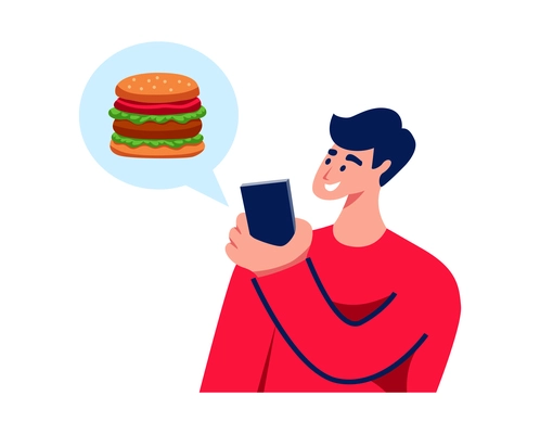 Food delivery composition with guy holding smartphone with burger inside thought bubble vector illustration