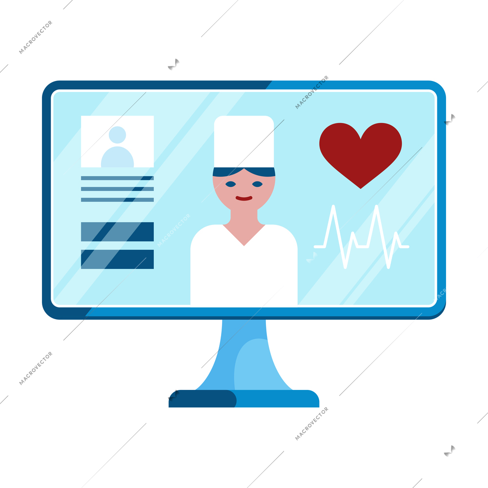 Digital medicine composition with isolated image of computer screen with character of doctor and heart rate vector illustration