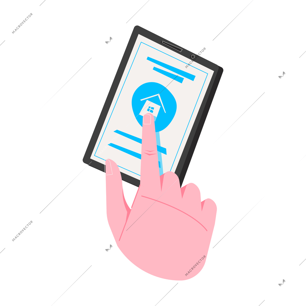 New buildings composition with human hand touching house icon of tablet app vector illustration