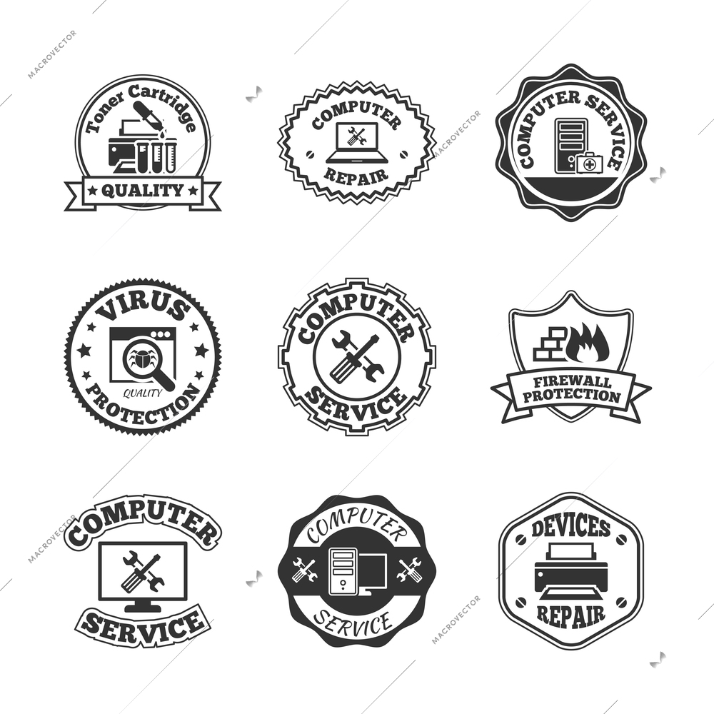 Computer software virus control and peripheral devices repair professional quality service labels set black  isolated vector illustration