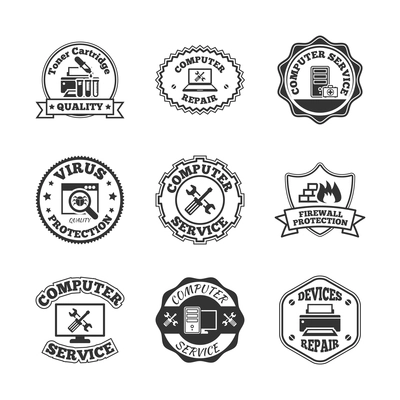 Computer software virus control and peripheral devices repair professional quality service labels set black  isolated vector illustration