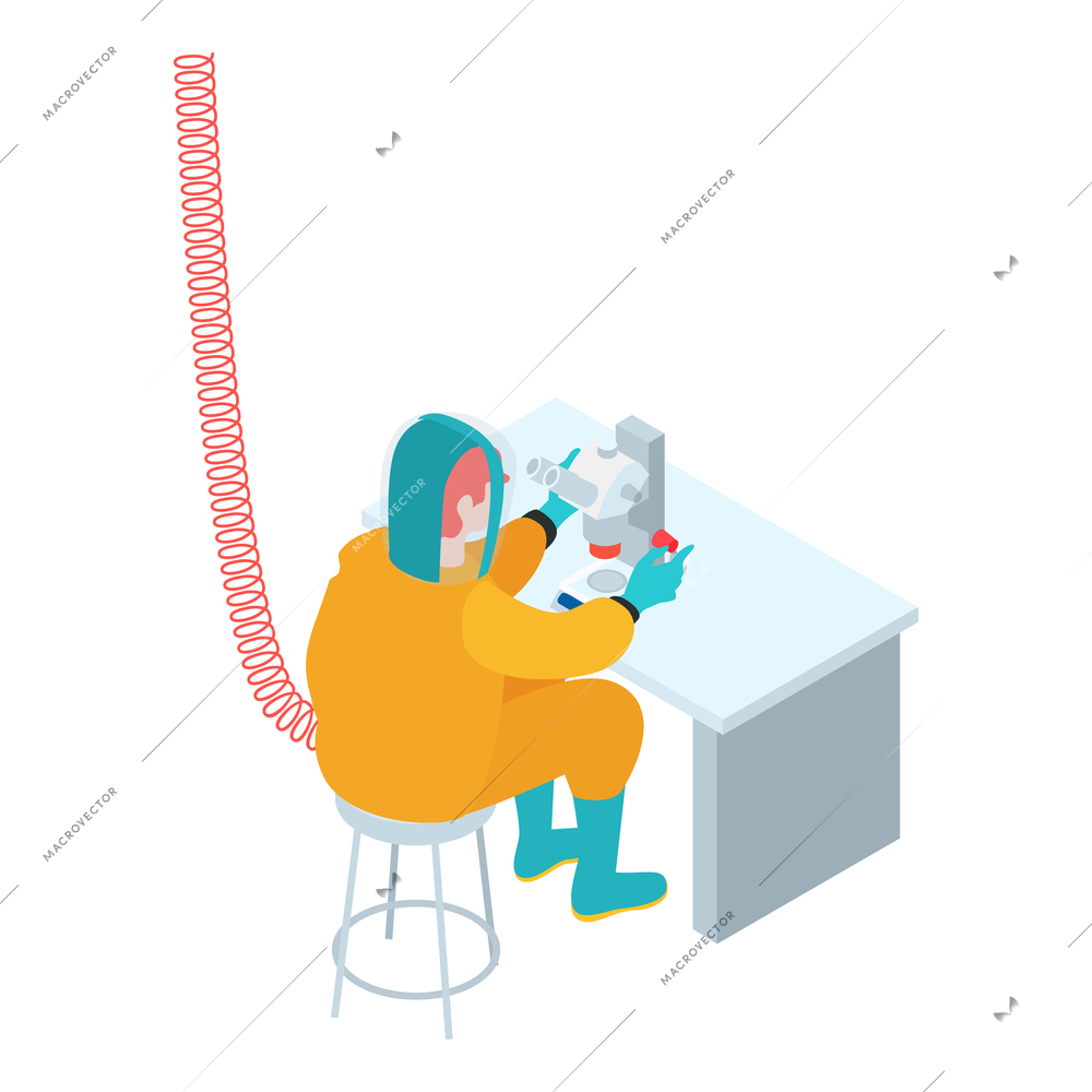 Isometric infectious disease doctor scientist virologist composition with worker in protection suit working with microscope vector illustration