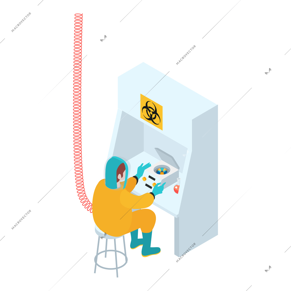 Isometric infectious disease doctor scientist virologist composition with lab worker with virus strains vector illustration