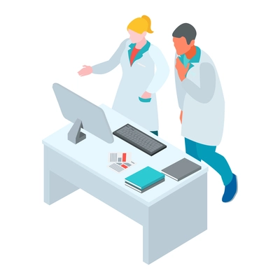 Isometric infectious disease doctor scientist virologist composition with characters of workers in gowns at computer table vector illustration