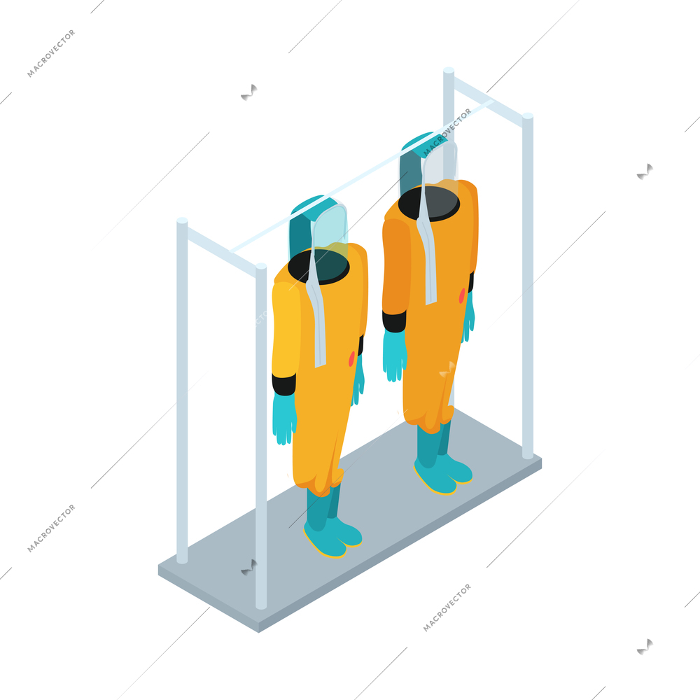 Isometric infectious disease doctor scientist virologist composition with two chemical protection suits vector illustration