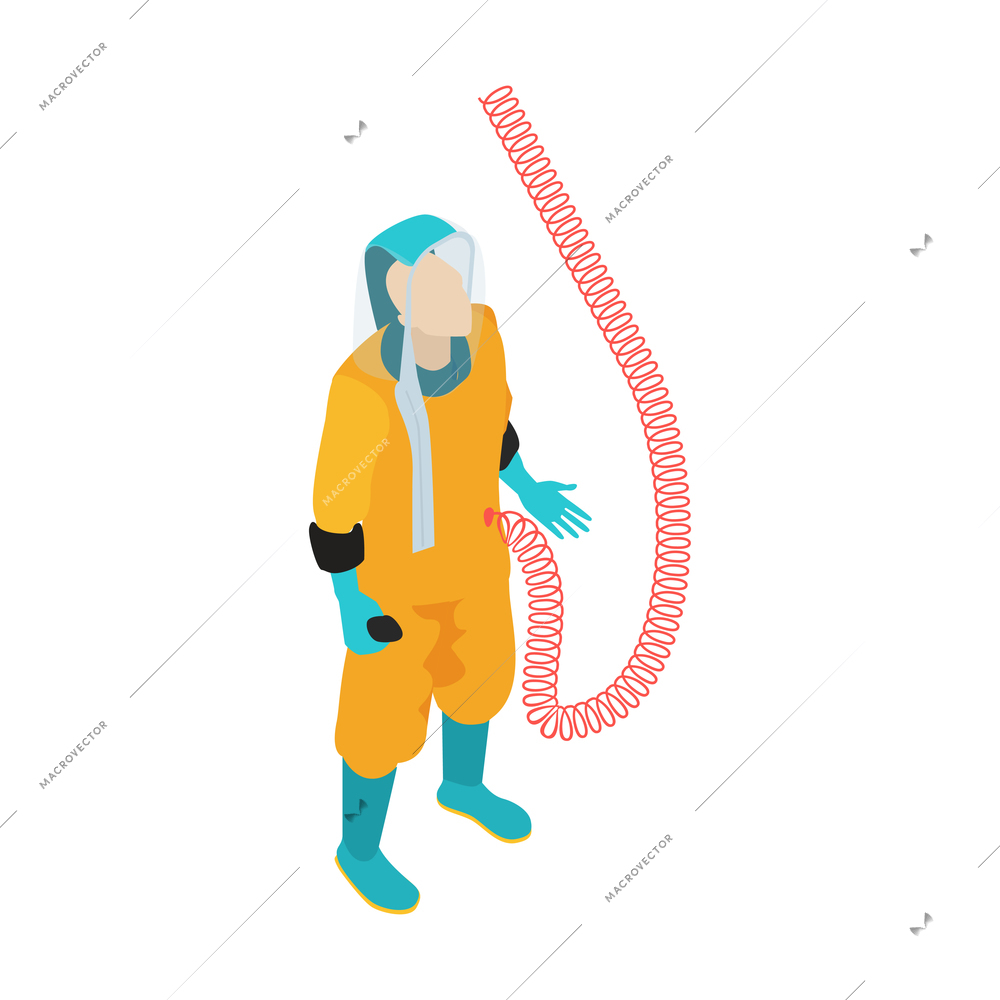 Isometric infectious disease doctor scientist virologist composition with human character in biohazard costume vector illustration