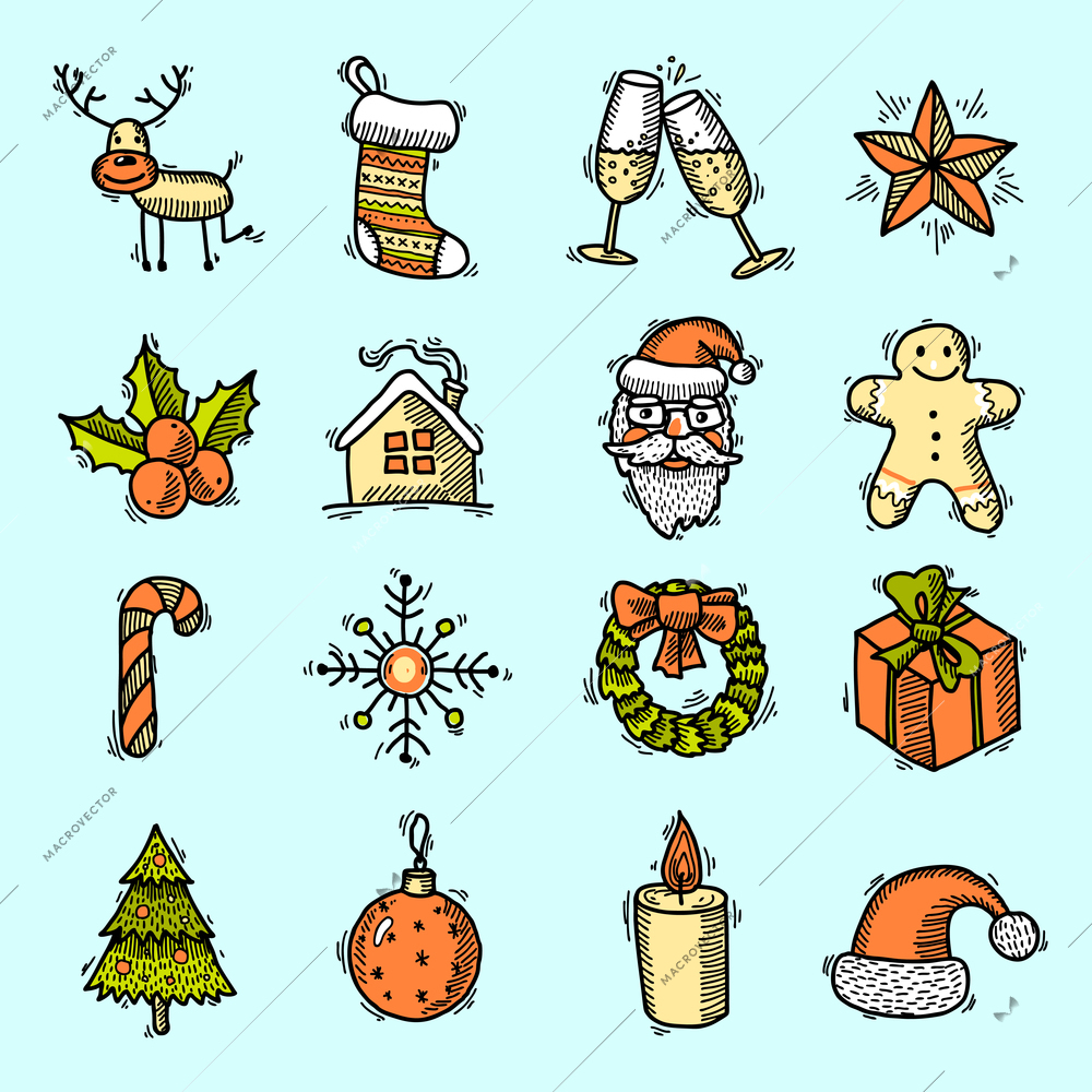 Christmas new year holiday decoration colored sketch icons set isolated vector illustration