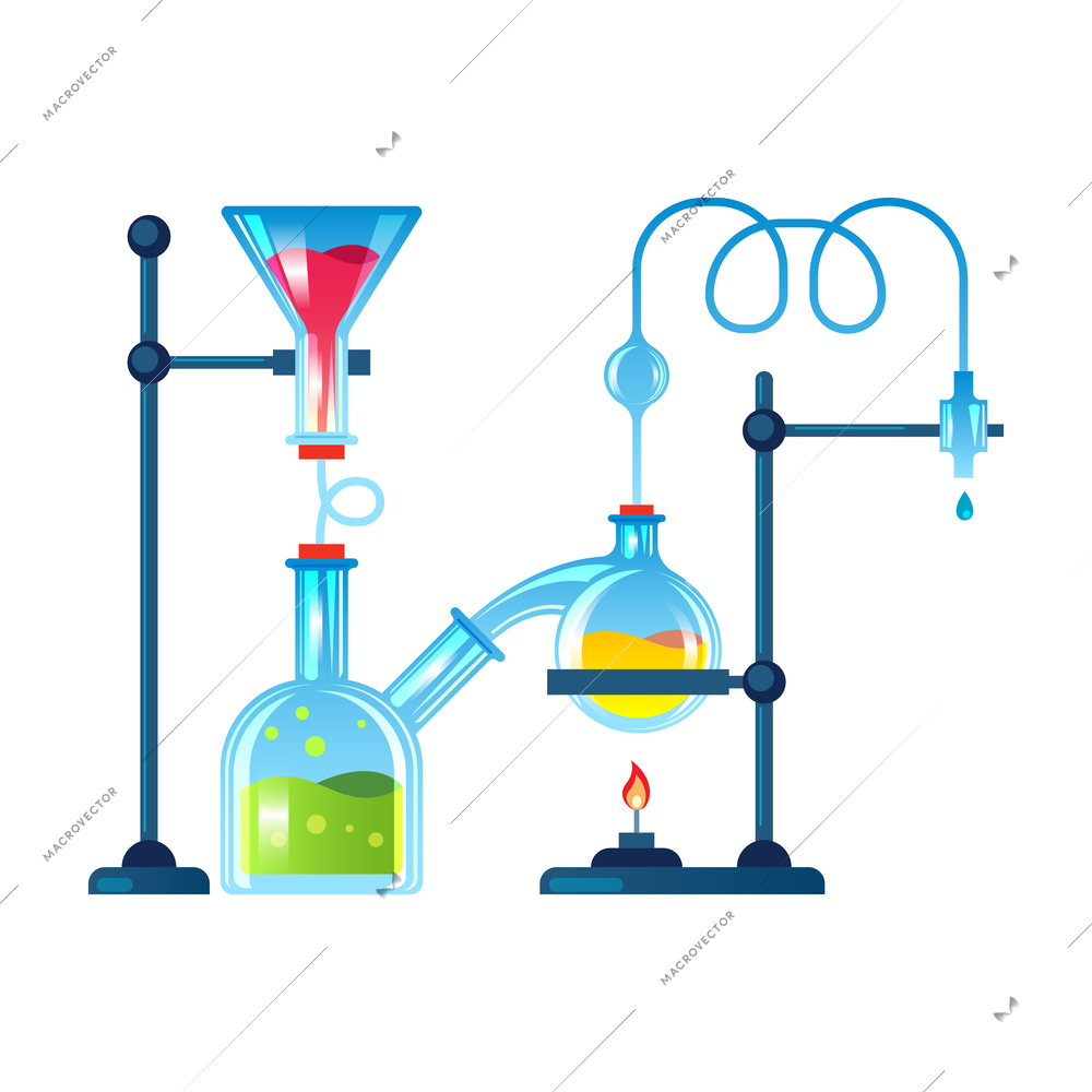 Chemistry laboratory composition with image of potion preparing system with burner and tubes connected with pipes vector illustration