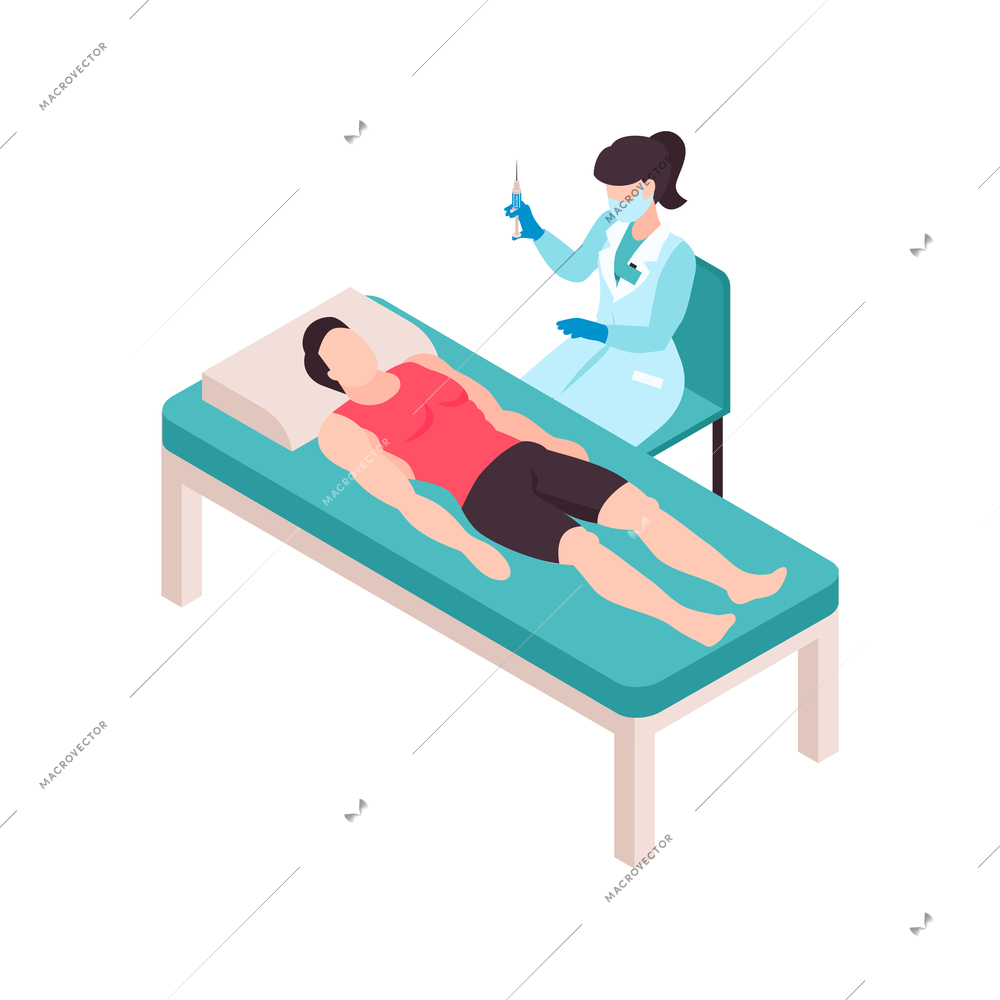 Isometric vaccination color composition with female doctor holding syringe and male patient on table vector illustration