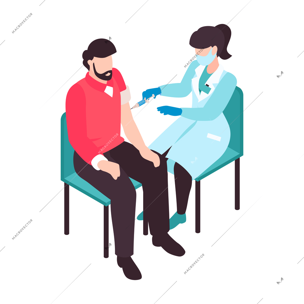 Isometric vaccination color composition with male character being vaccinated by female doctor vector illustration