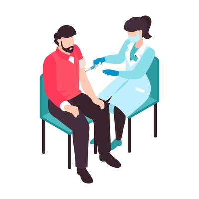 Isometric vaccination color composition with male character being vaccinated by female doctor vector illustration