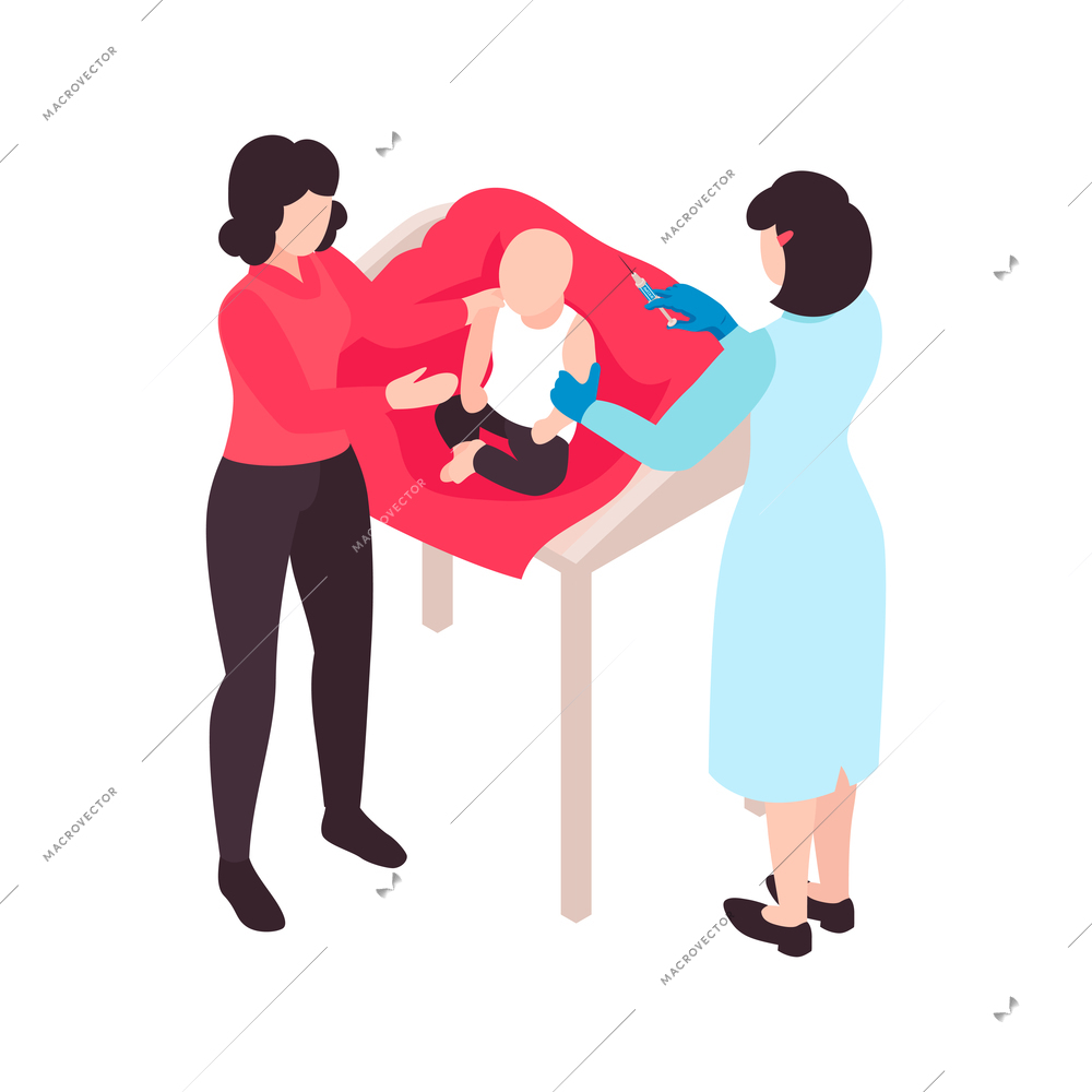 Isometric vaccination color composition with characters of doctor vaccinating baby with mother vector illustration