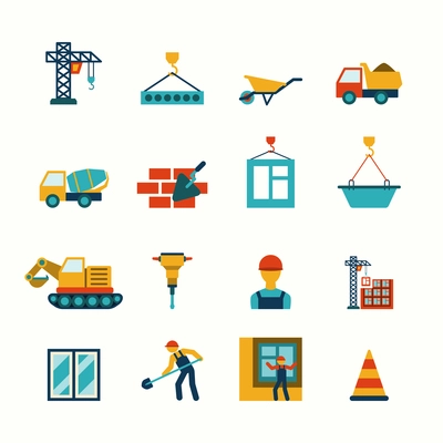 Building construction structure elements flat pictograms collection with barrow block elevating crane truck abstract isolated vector illustration