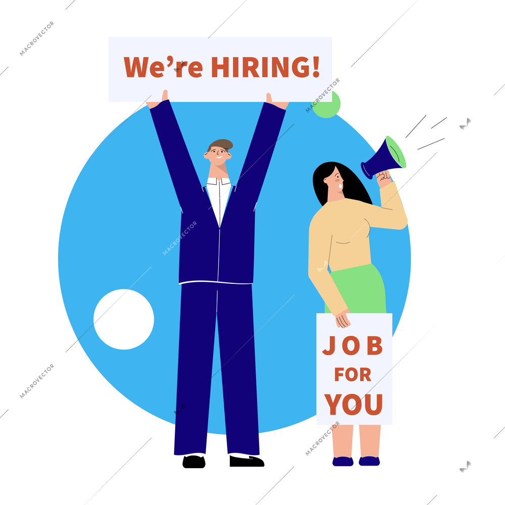 Employment flat composition with male and female characters with megaphone and placard vector illustration