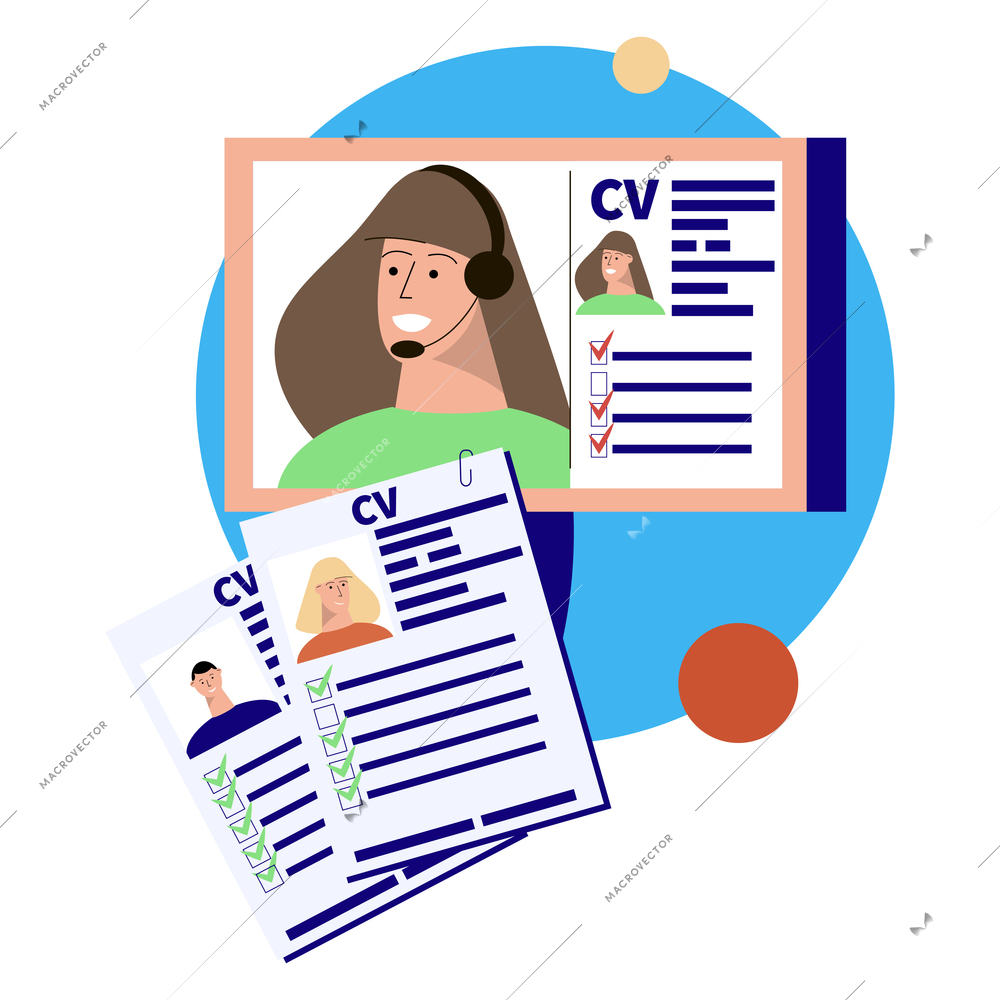 Employment flat composition with stack of paper cv from different candidates with profile pictures vector illustration