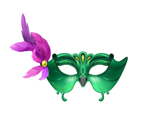 Realistic carvinal mask composition with isolated image of masquerade mask with purple feathers and green body vector illustration