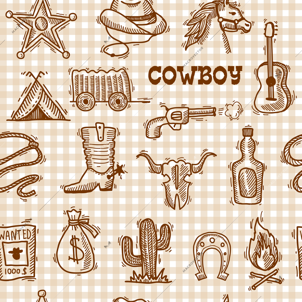 Wild west cowboy seamless pattern on squared background with hat horseshoe sheriff badge vector illustration