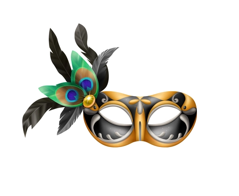 Realistic carvinal mask composition with isolated image of masquerade mask with peacock feathers vector illustration