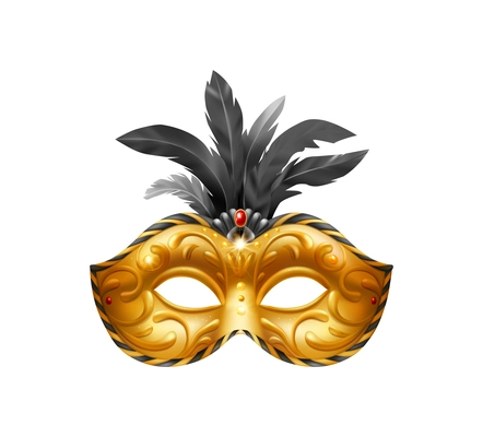 Realistic carvinal mask composition with isolated image of golden masquerade mask with black feathers vector illustration