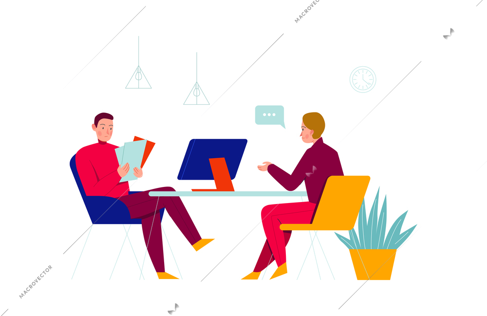 Office people composition with two coworkers sitting at table with computer and paperwork vector illustration