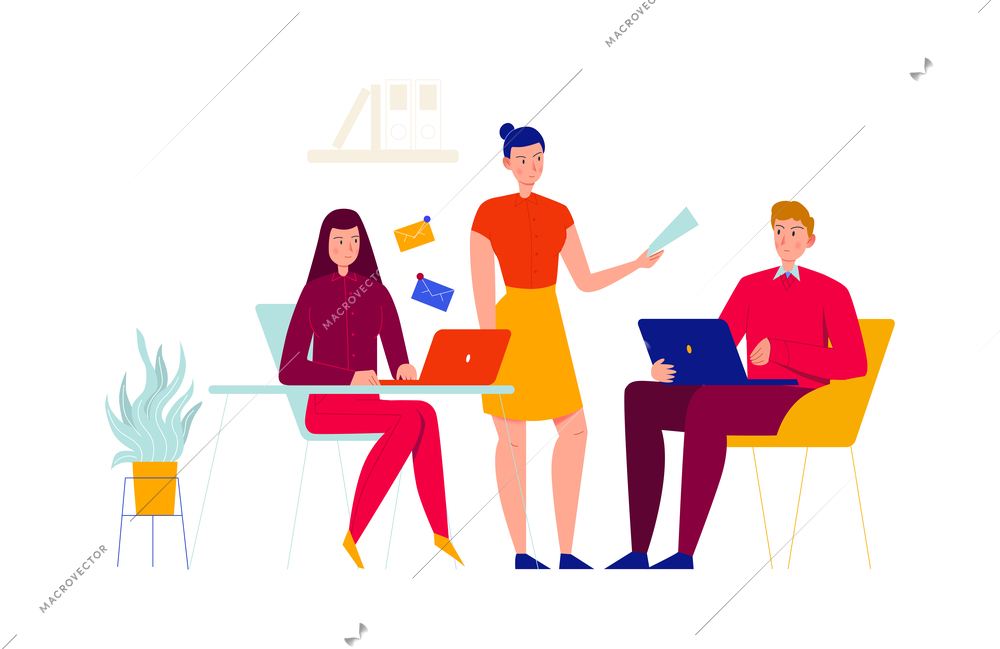 Office people composition with female employee assigning work tasks to coworkers vector illustration