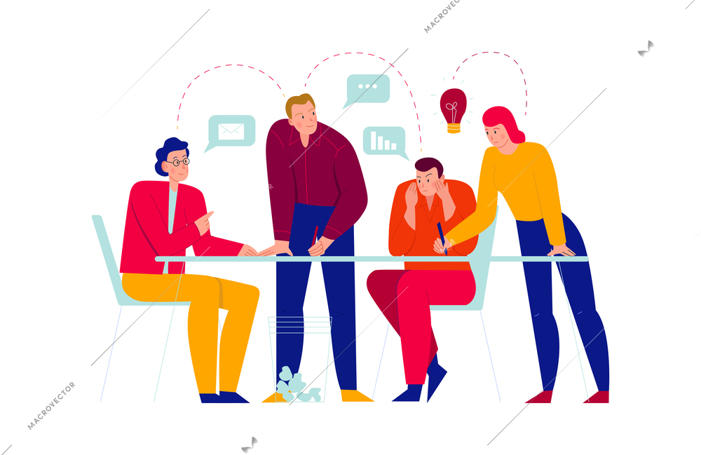 Office people composition with group of four workers brainstorming sitting at table vector illustration