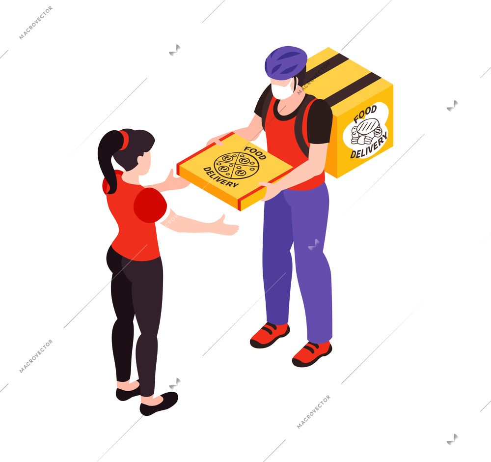 Isometric delivery food composition with view of encounter of pizza restaraunt courier and client vector illustration