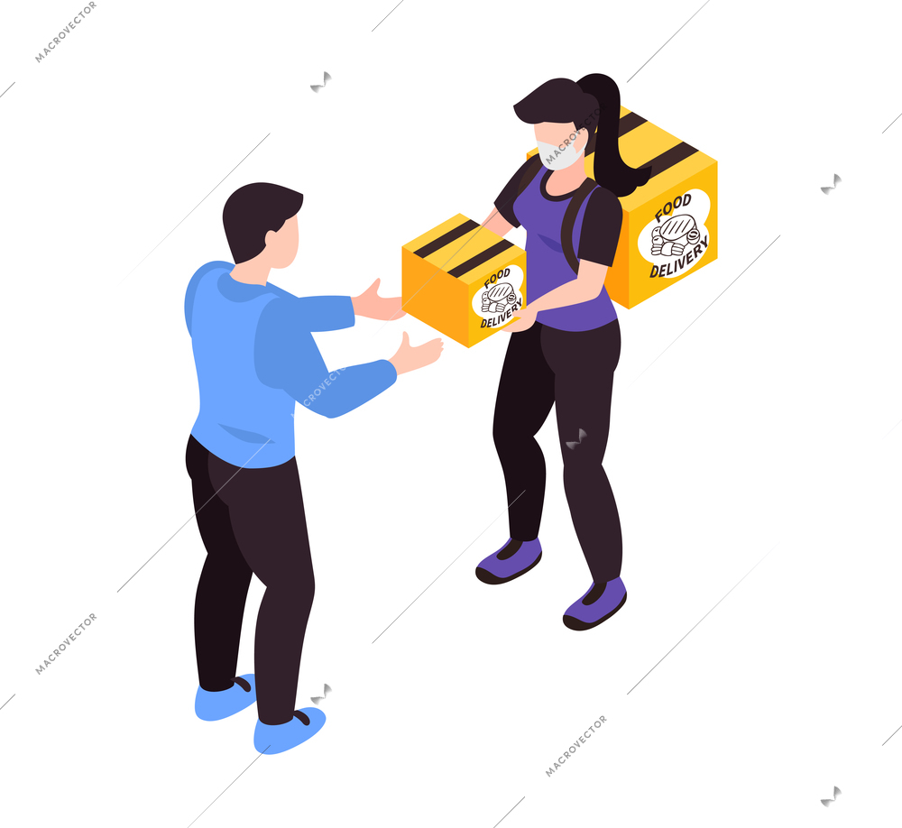 Isometric delivery food composition with characters of client receiving food box from courier vector illustration