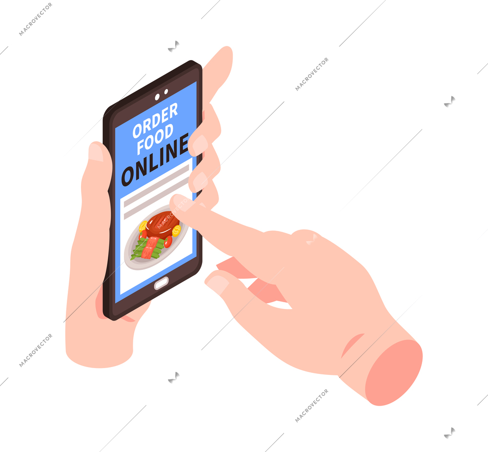 Isometric delivery food composition with human hand touching smartphone with online ordering app vector illustration