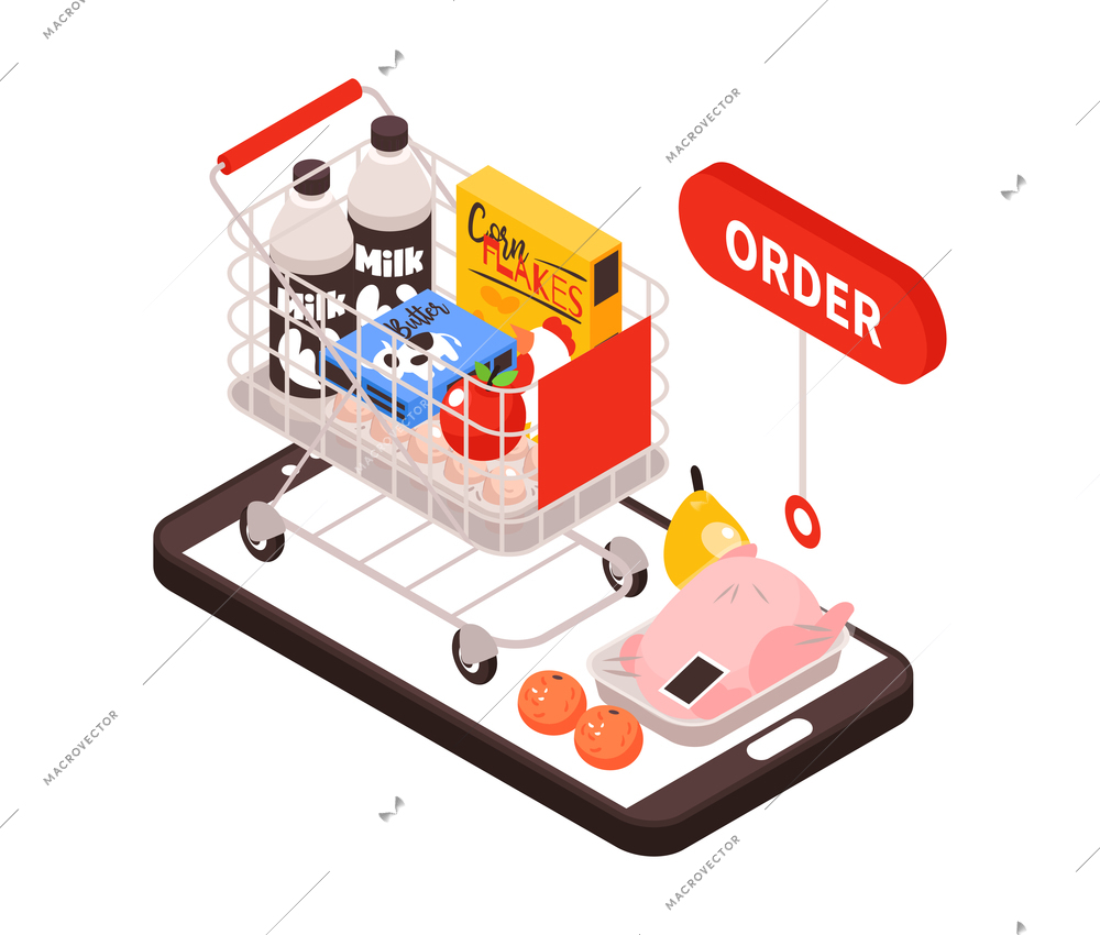Isometric delivery food composition with image of smartphone with trolley cart collecting grocery products vector illustration