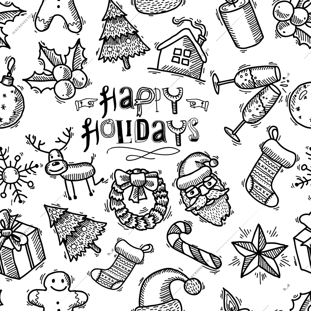 Christmas happy new year holiday decoration black and white sketch seamless pattern vector illustration