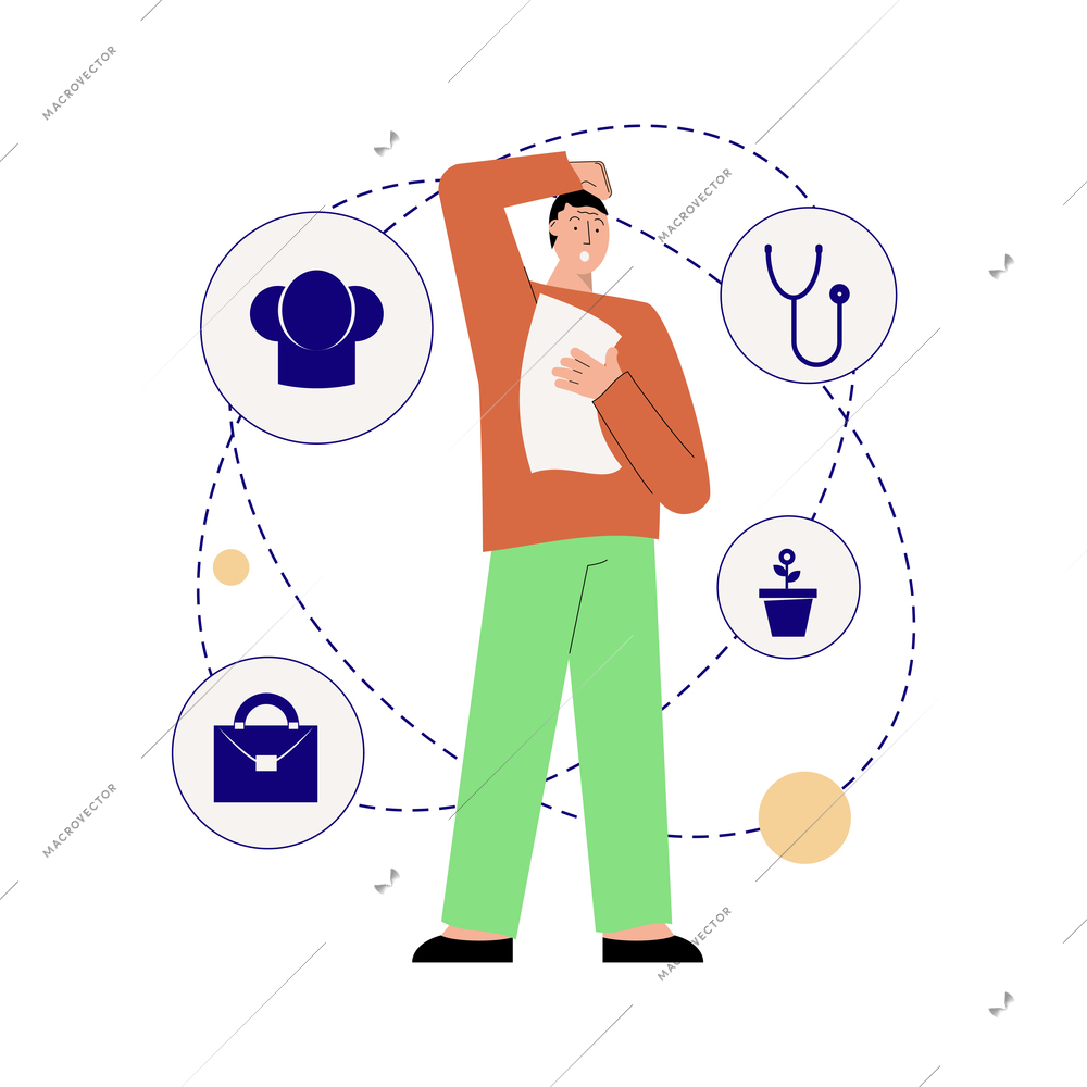 Hiring employment flat composition with troubled man choosing dream job with category icons vector illustration