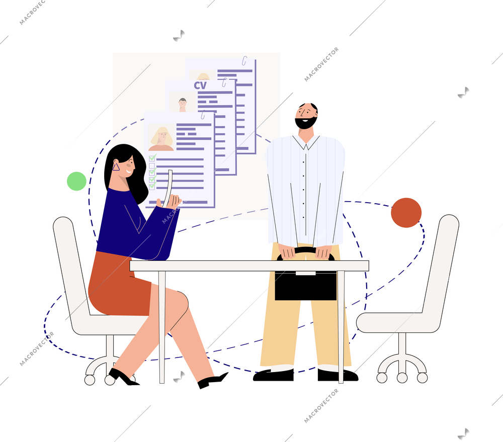 Hiring employment flat composition with female character of hr with stack of cv and male candidate vector illustration