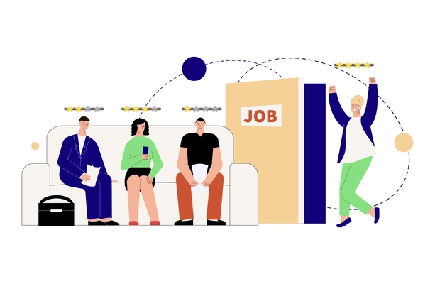 Hiring employment flat composition with queue of candidates waiting for job interview with rating stars vector illustration