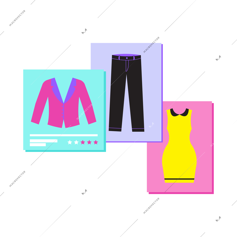 Online shopping flat composition with online fashionable clothing shop items for sale vector illustration