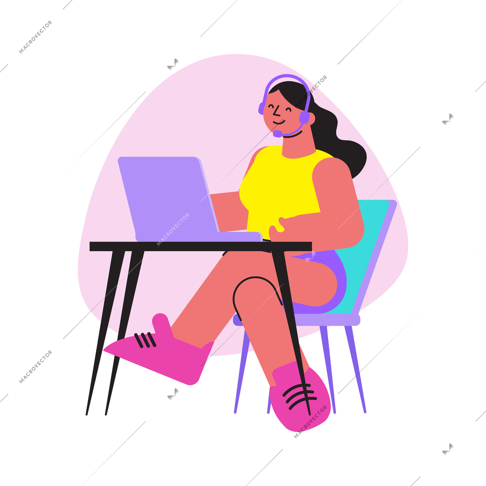 Online shopping flat composition with happy woman sitting at table in headphones with laptop vector illustration