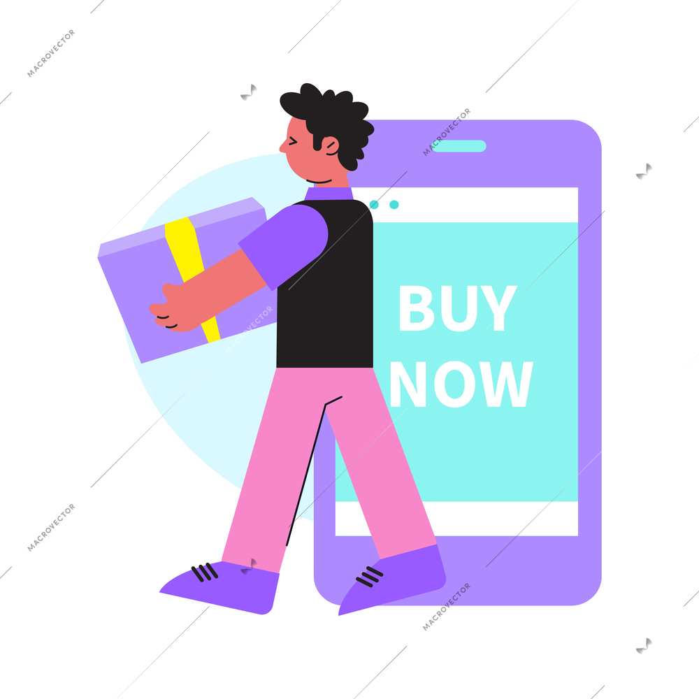 Online shopping flat composition with male customer carrying shopping box and smartphone with text vector illustration