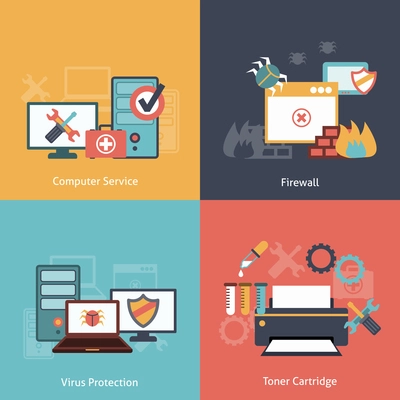 Computer repair and  antivirus protection software installation service flat icons infographics with laser toner isolated vector illustration