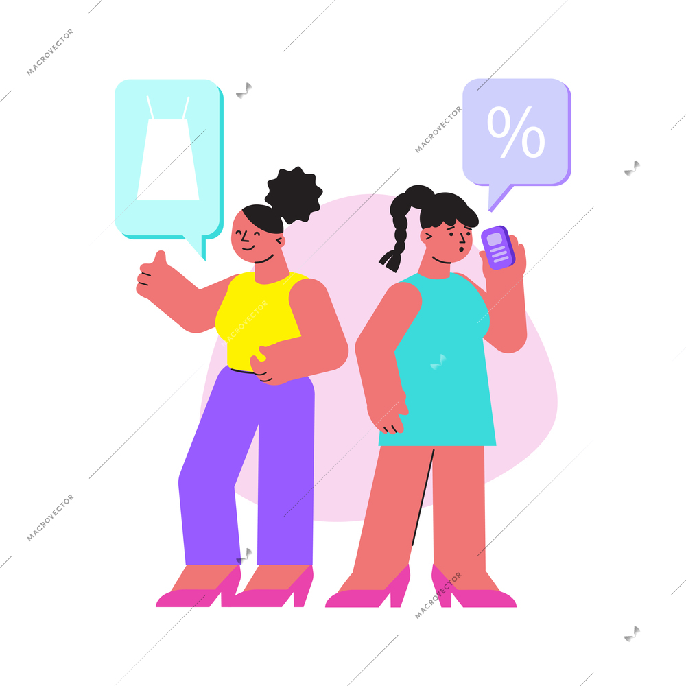 Online shopping flat composition with two friends girls calling on phone discussing discounts and rating purchases vector illustration