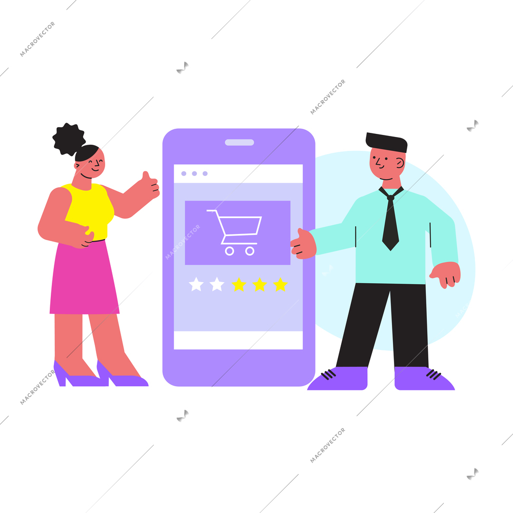 Online shopping flat composition with characters of female customer and male shop assistant with smartphone vector illustration