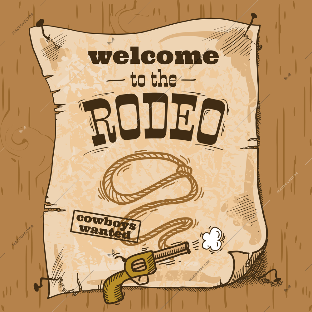Wild west cowboy hand drawn rodeo poster with gun and lasso vector illustration